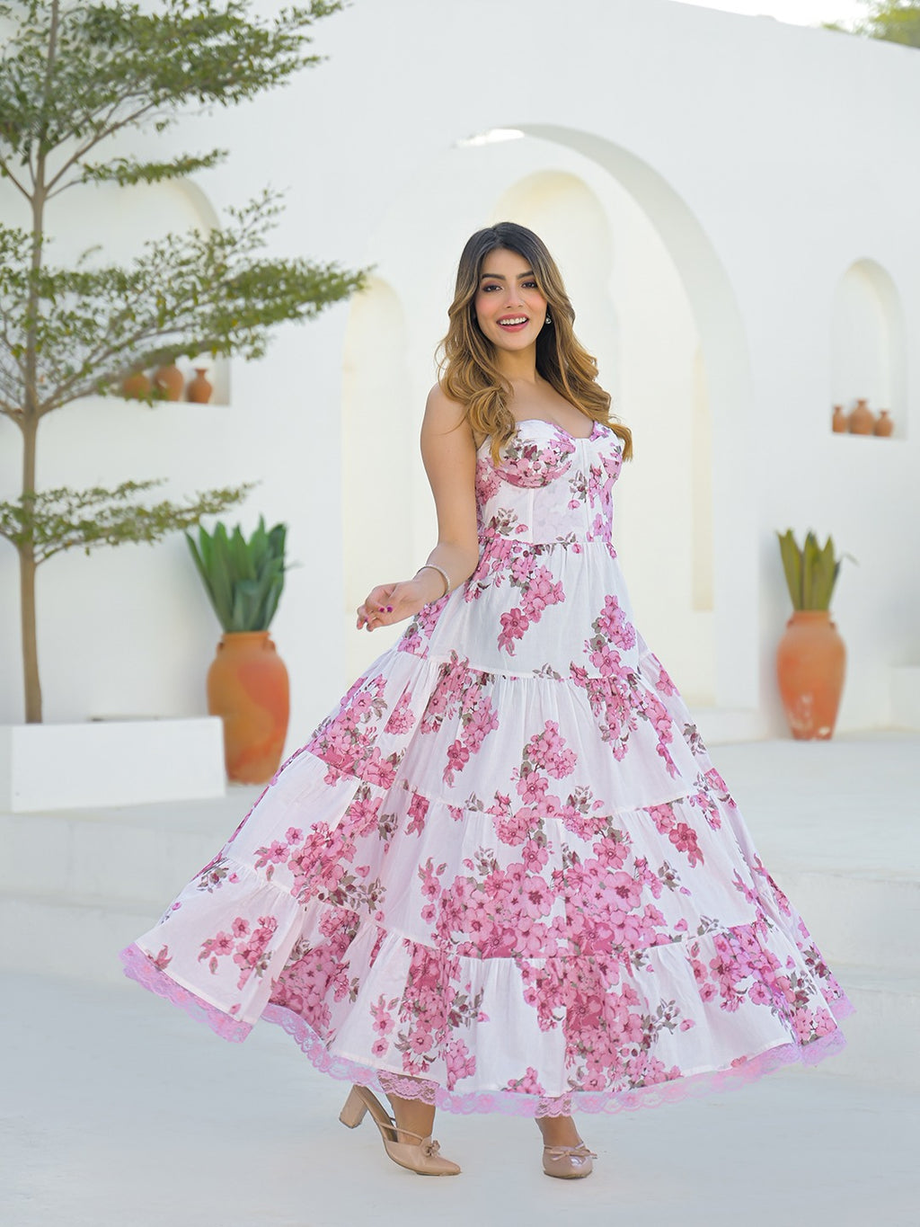 Pink & White Floral Print Cotton Fit & Flare Dress