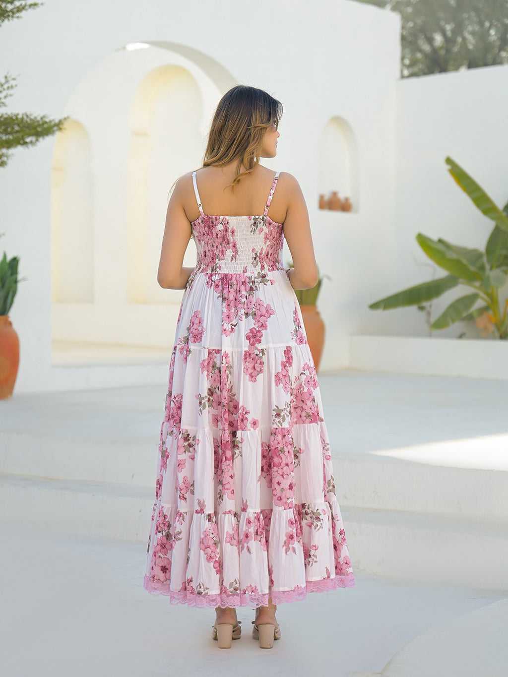Pink & White Floral Print Cotton Fit & Flare Dress
