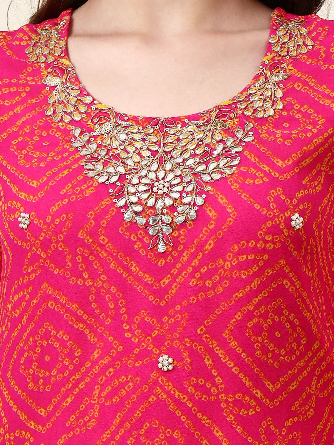 Pink Bandhani Print Gotta Patti Top