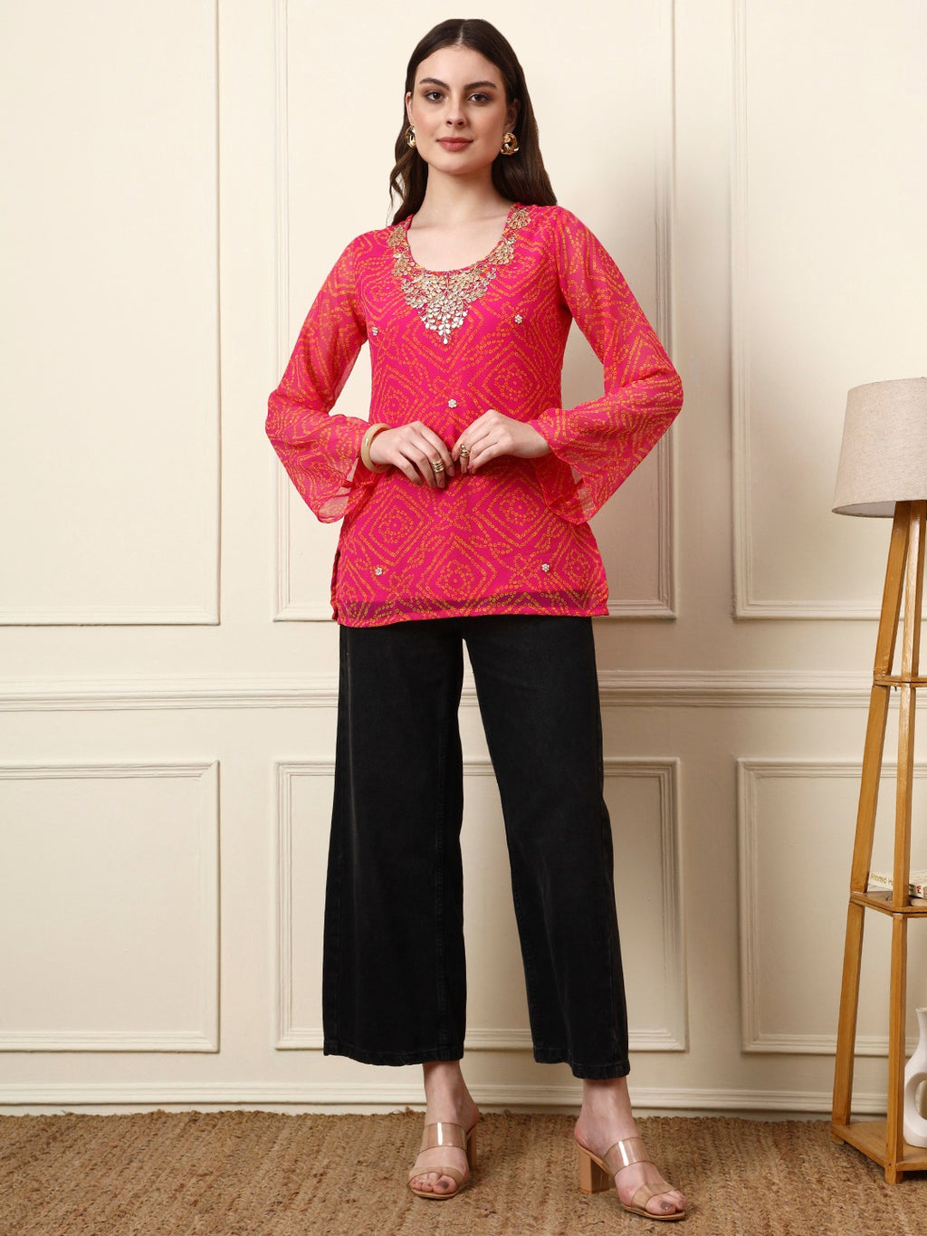 Pink Bandhani Print Gotta Patti Top