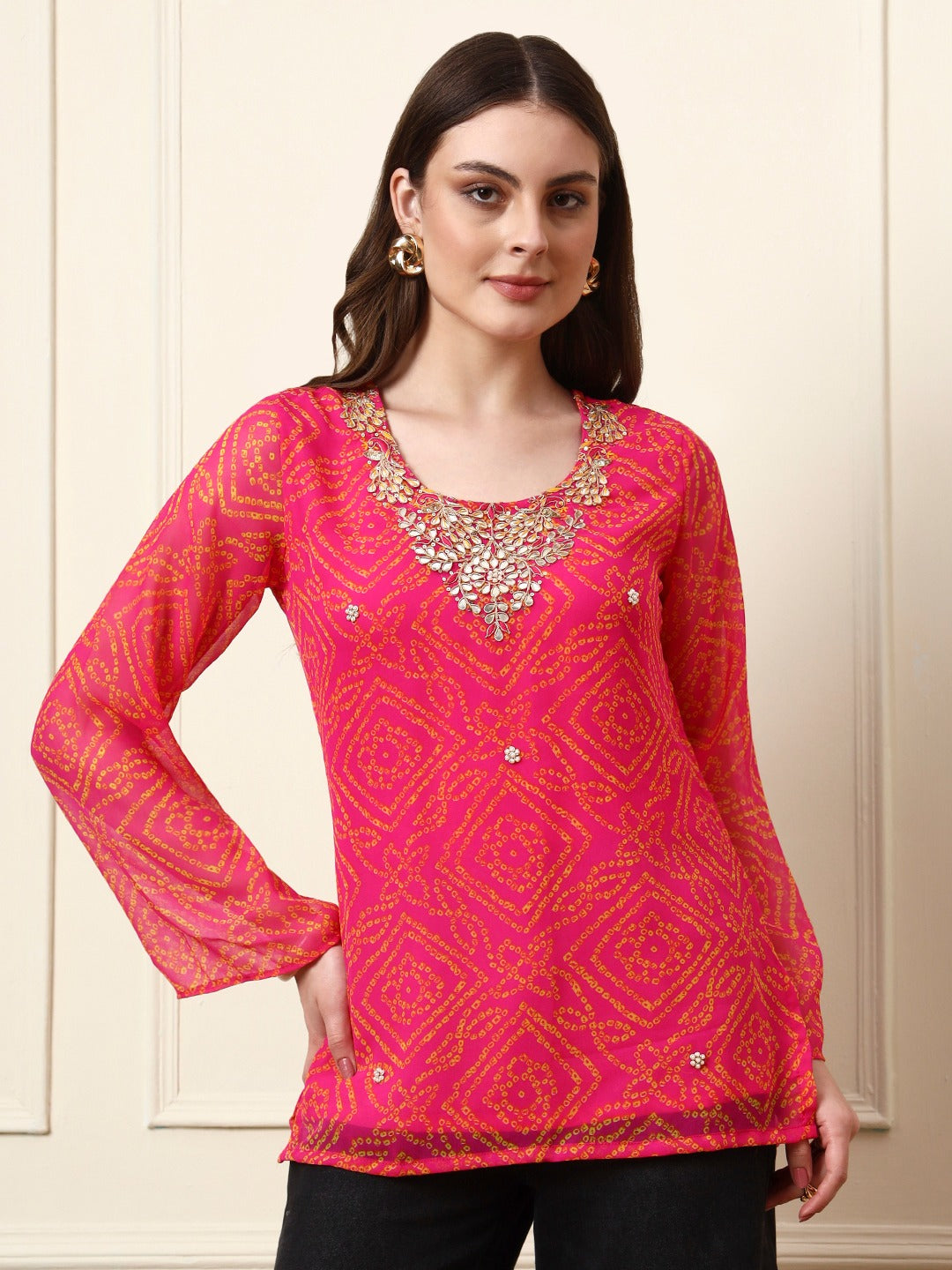 Pink Bandhani Print Gotta Patti Top