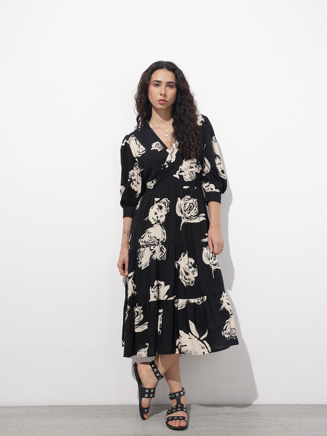Black Floral V-Neck Fit & Flare Midi Dress