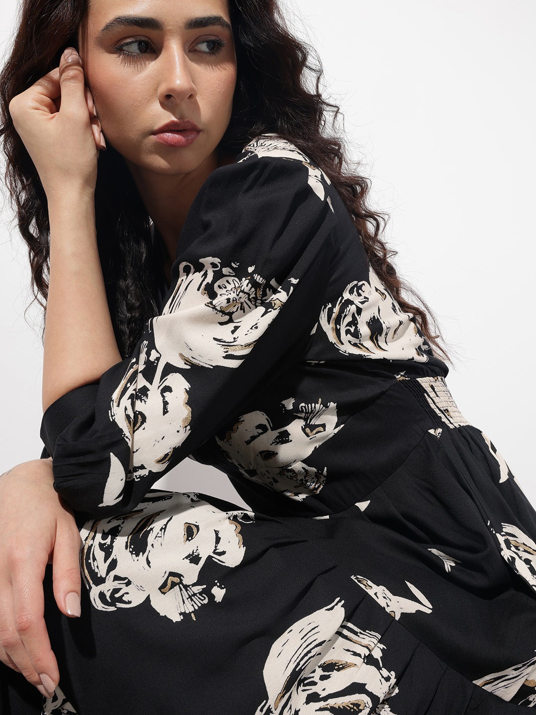 Black Floral V-Neck Fit & Flare Midi Dress