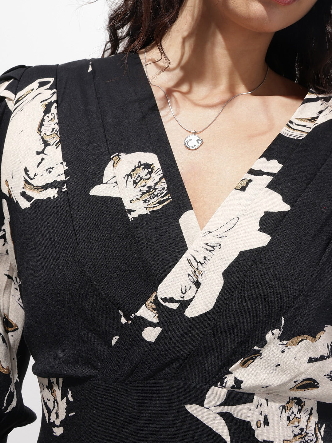 Black Floral V-Neck Fit & Flare Midi Dress