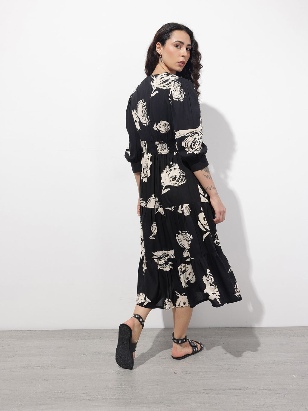 Black Floral V-Neck Fit & Flare Midi Dress