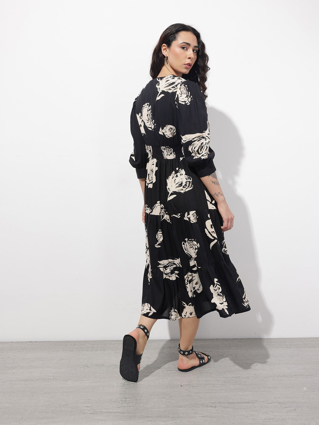 Black Floral V-Neck Fit & Flare Midi Dress