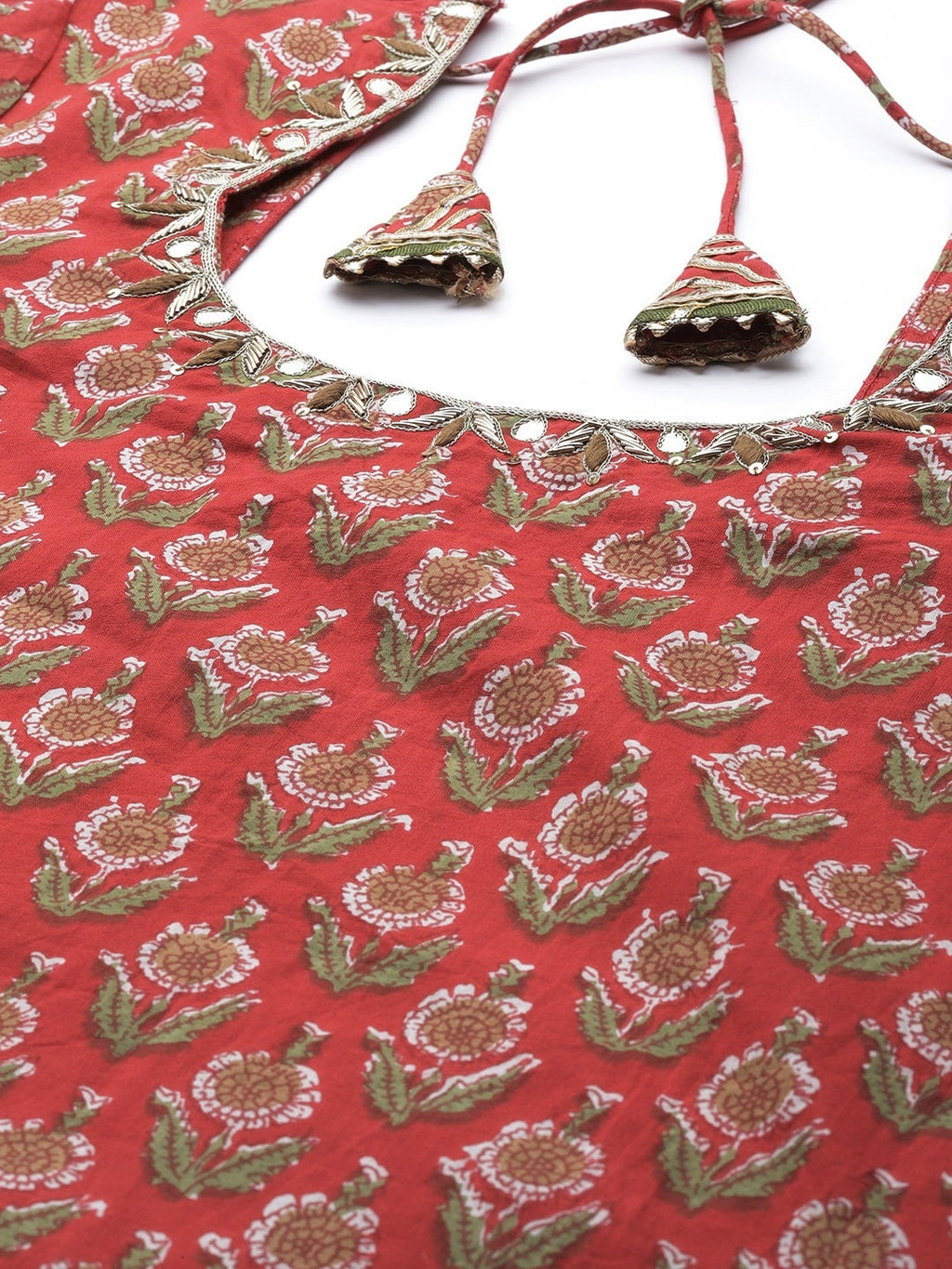 Red Dabu Printed Cotton Kurta Sharara Set With Kota Doria Dupatta