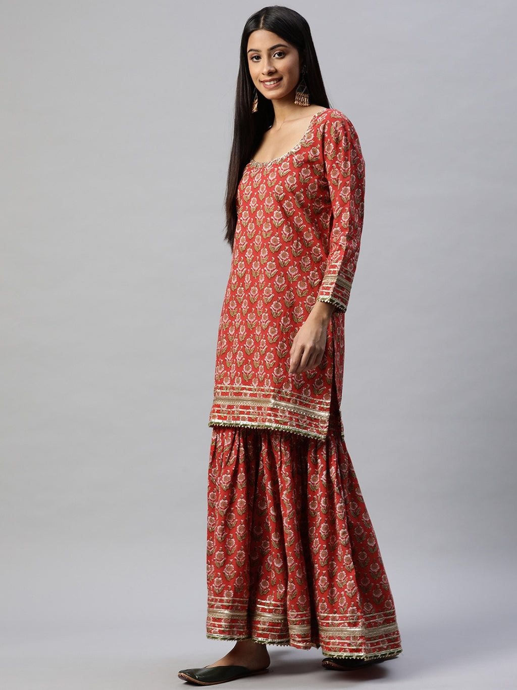 Red Dabu Printed Cotton Kurta Sharara Set With Kota Doria Dupatta