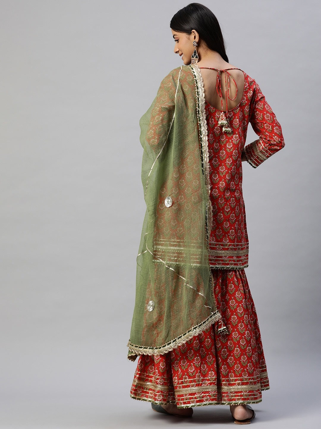 Red Dabu Printed Cotton Kurta Sharara Set With Kota Doria Dupatta