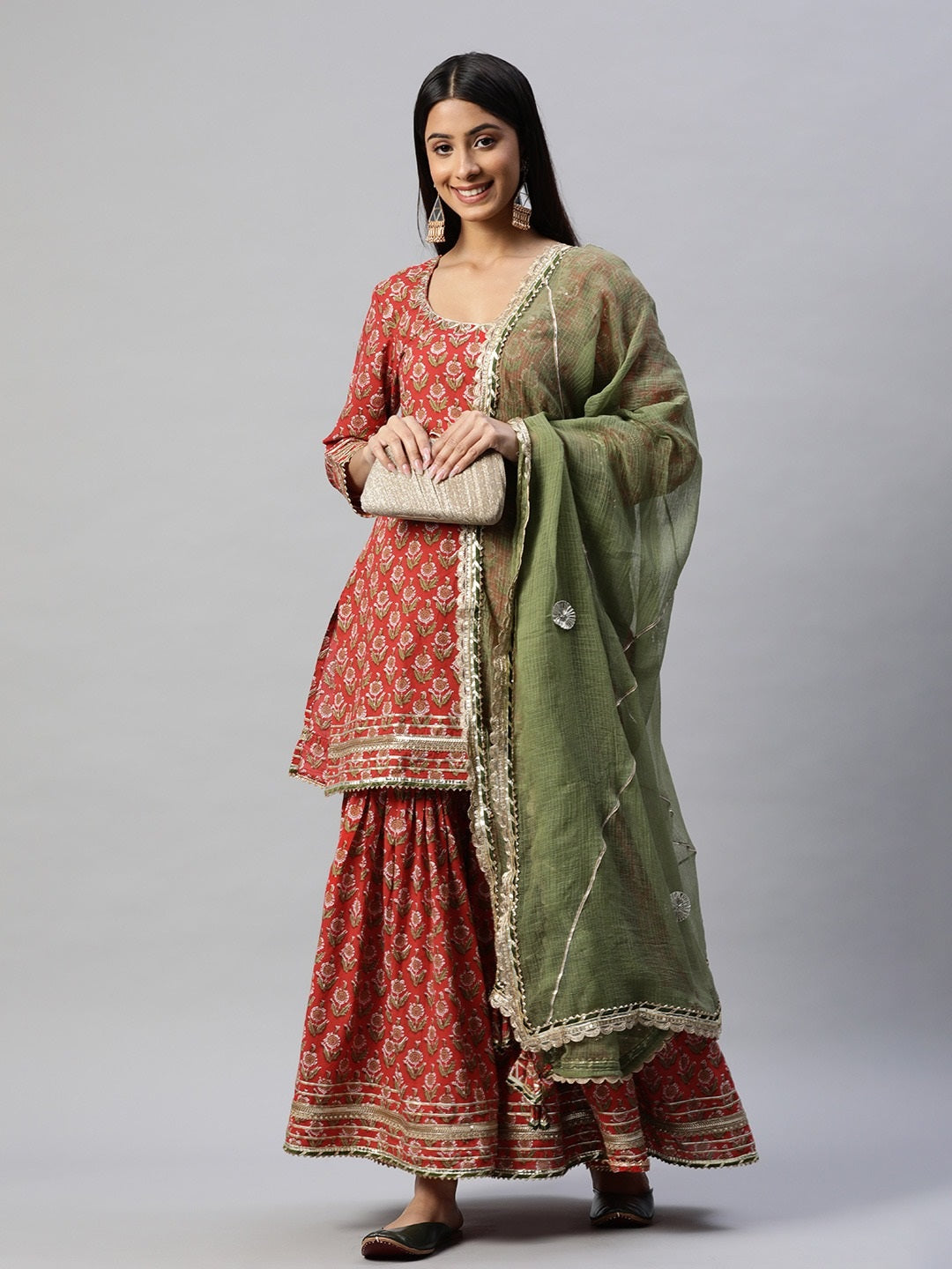 Red Dabu Printed Cotton Kurta Sharara Set With Kota Doria Dupatta