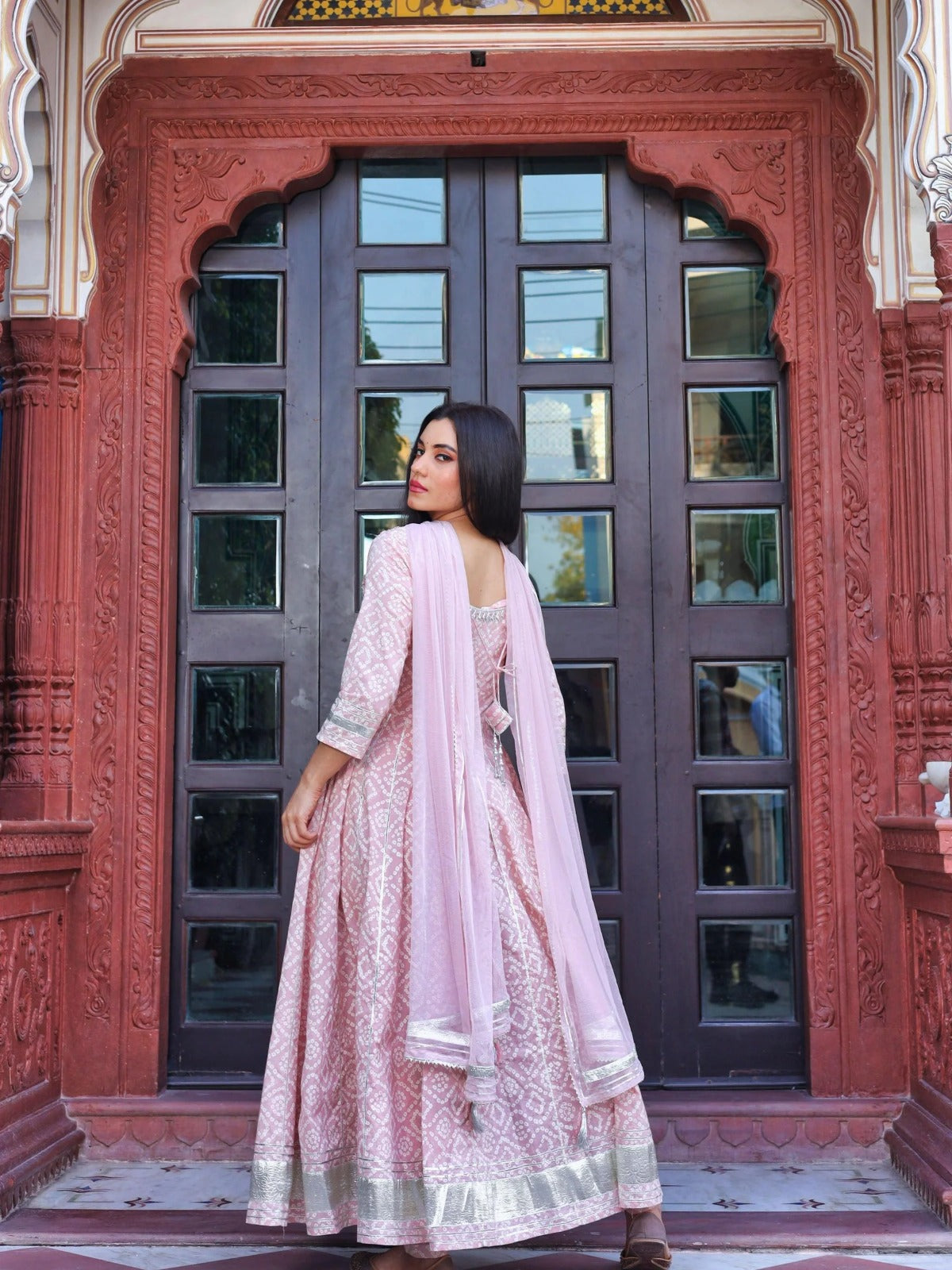Light Pink Anarkali Kurta Pant Set With Dupatta