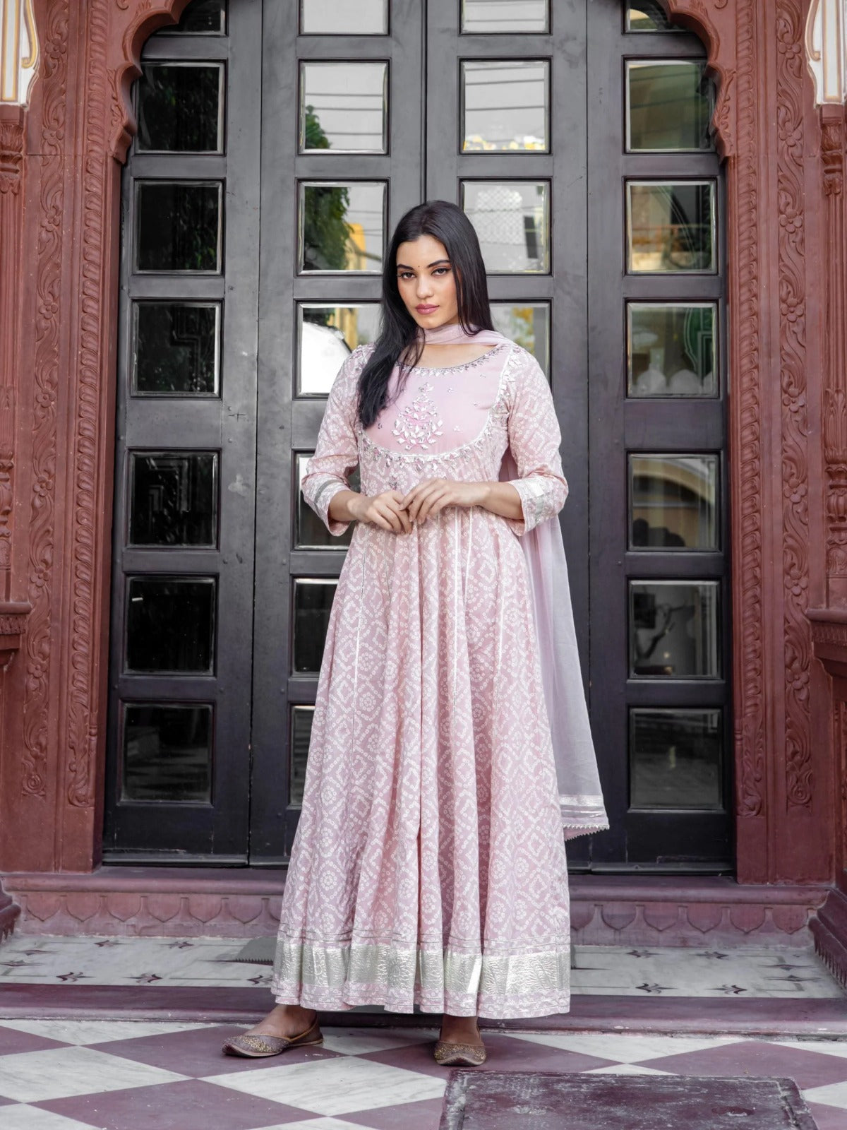 Light Pink Anarkali Kurta Pant Set With Dupatta