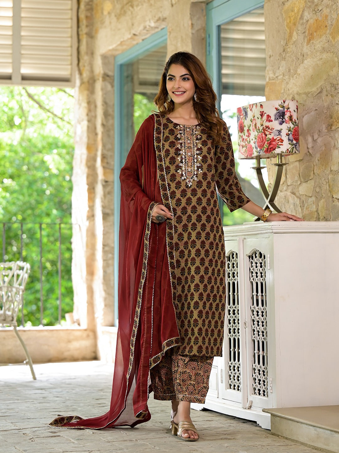 Brown Zardozi Work Straight Fit Kurta Set For Women