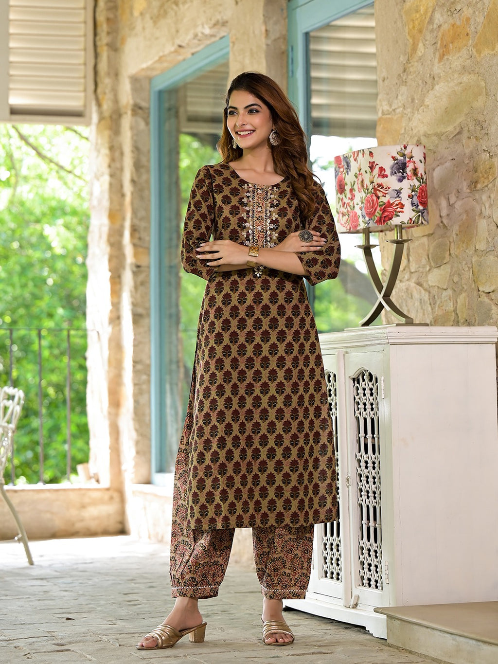 Brown Zardozi Work Straight Fit Kurta Set For Women
