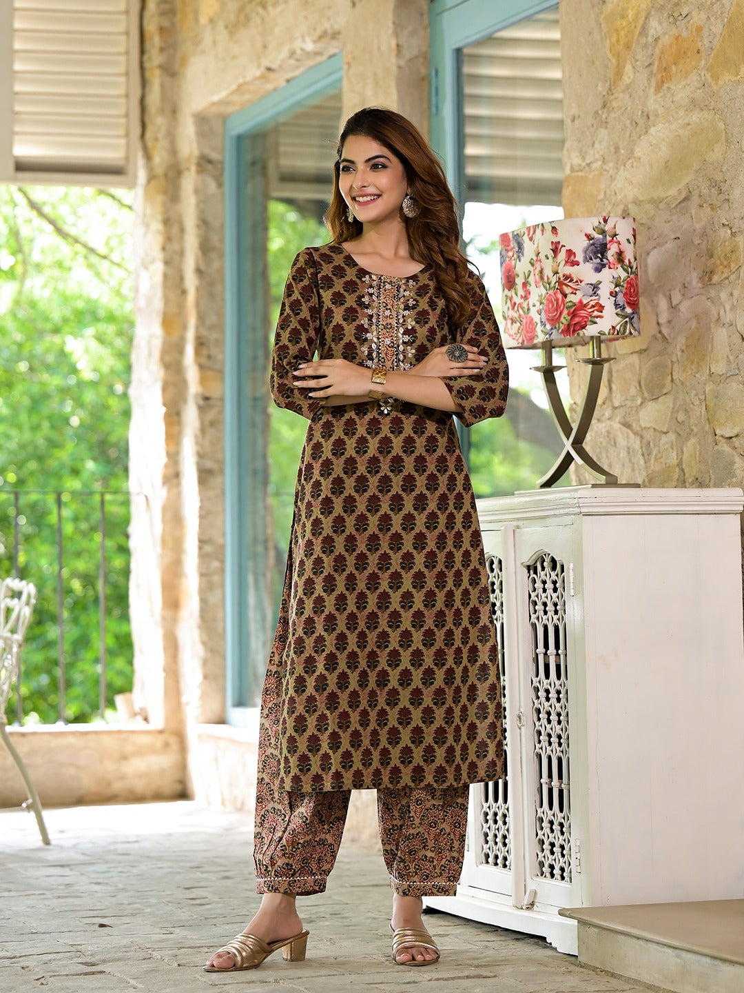 Brown Zardozi Work Straight Fit Kurta Set For Women