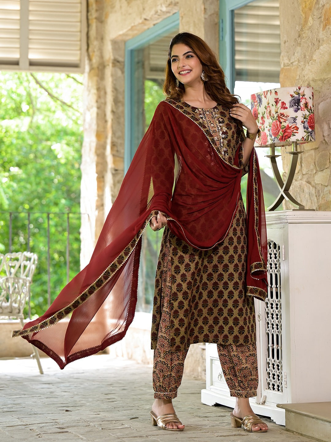 Brown Zardozi Work Straight Fit Kurta Set For Women