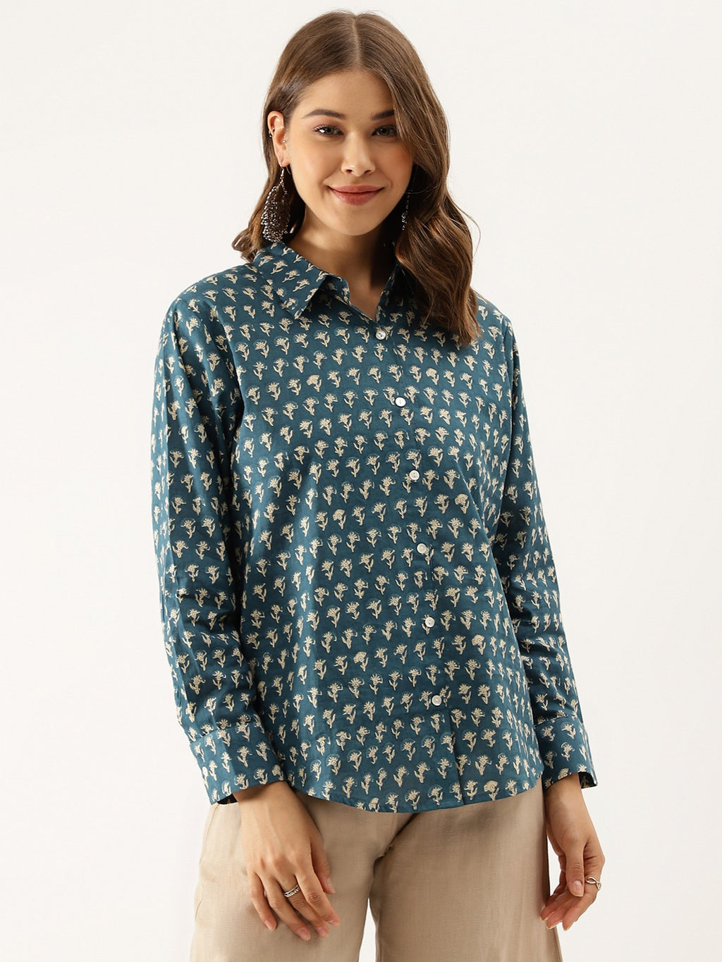 Turquoise Blue Ethnic Motif Printed Cotton Shirt For Women