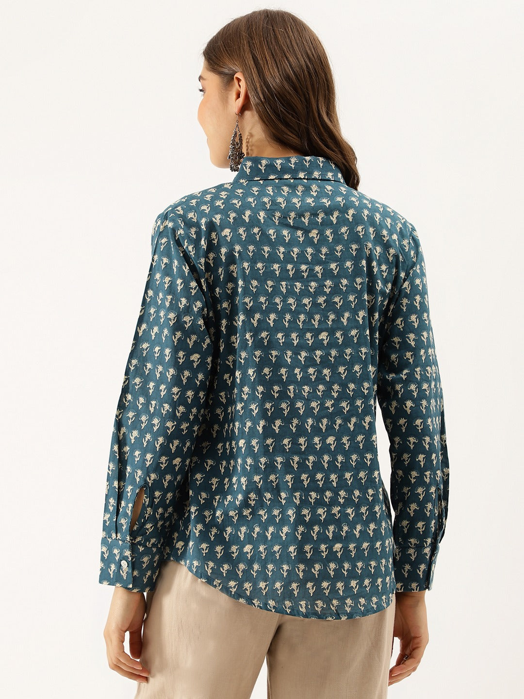Turquoise Blue Ethnic Motif Printed Cotton Shirt For Women