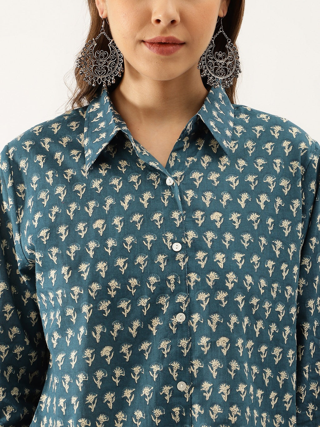 Turquoise Blue Ethnic Motif Printed Cotton Shirt For Women