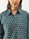 Turquoise Blue Ethnic Motif Printed Cotton Shirt For Women