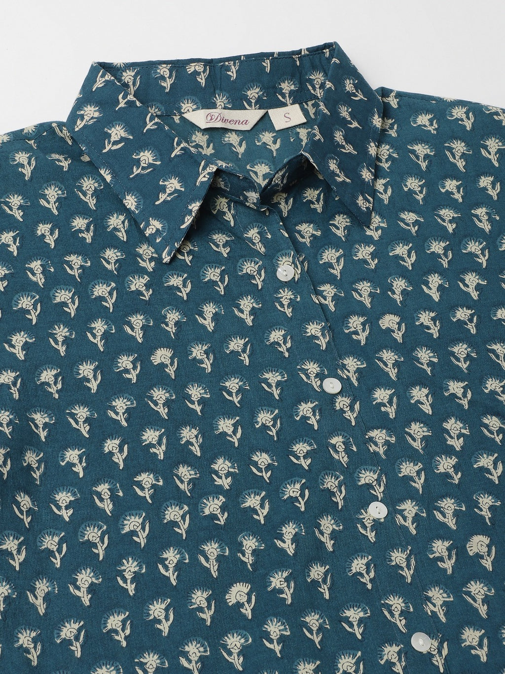 Turquoise Blue Ethnic Motif Printed Cotton Shirt For Women