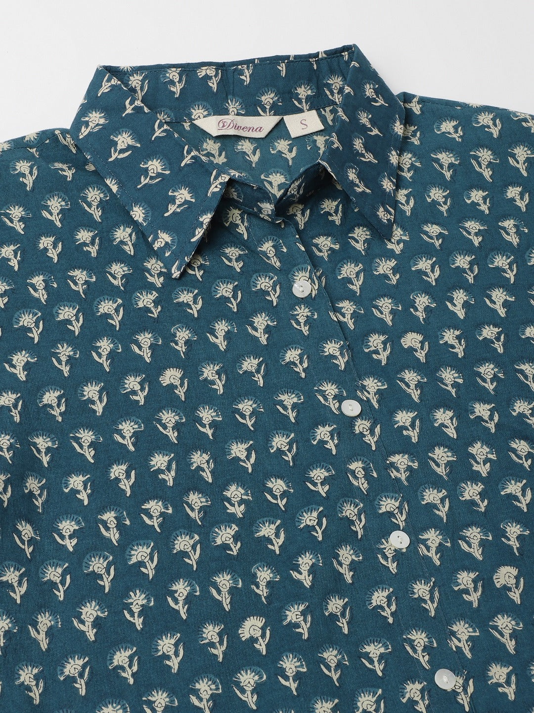 Turquoise Blue Ethnic Motif Printed Cotton Shirt For Women