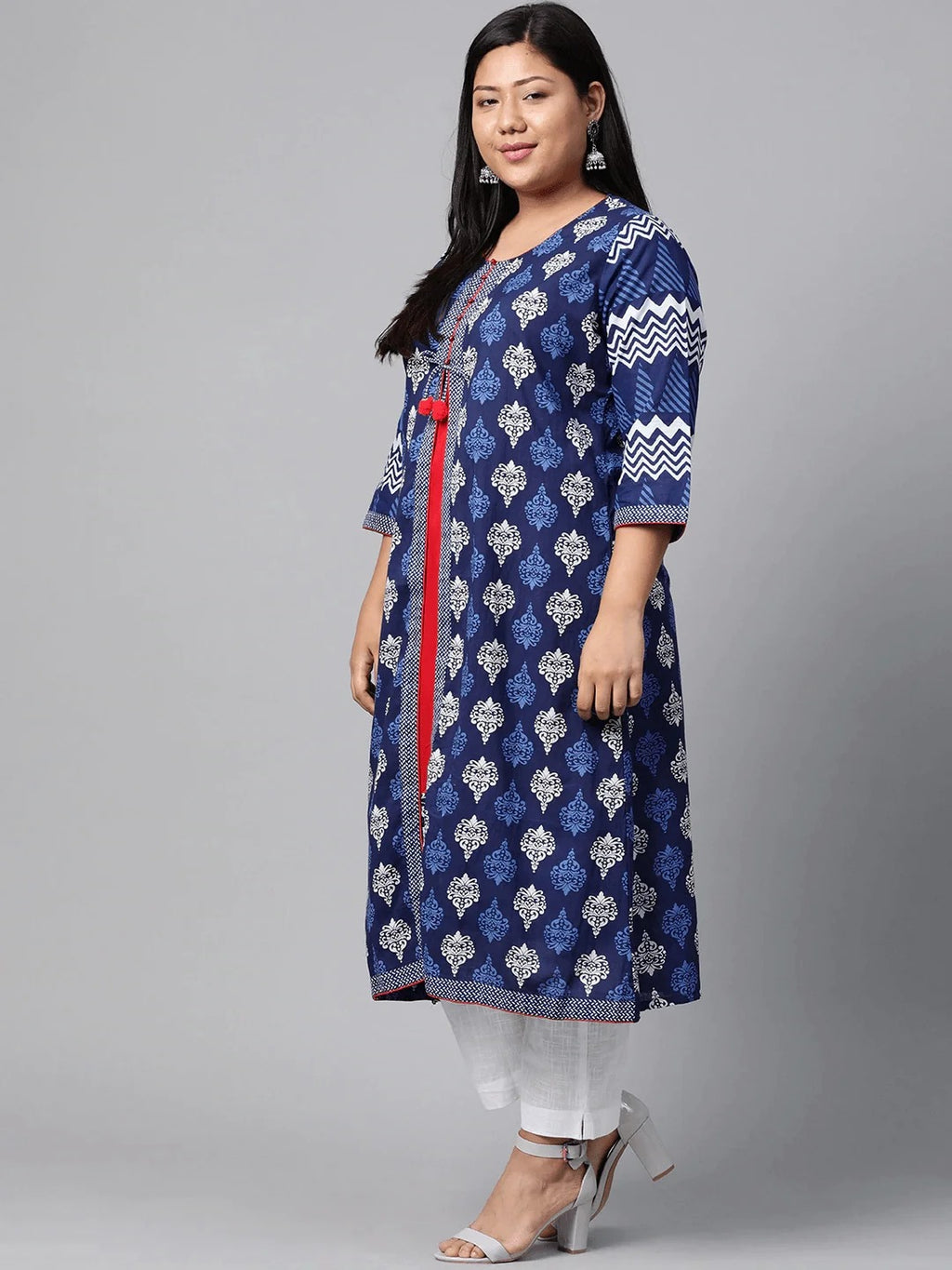 Blue Floral Print Cotton A-Line Kurti