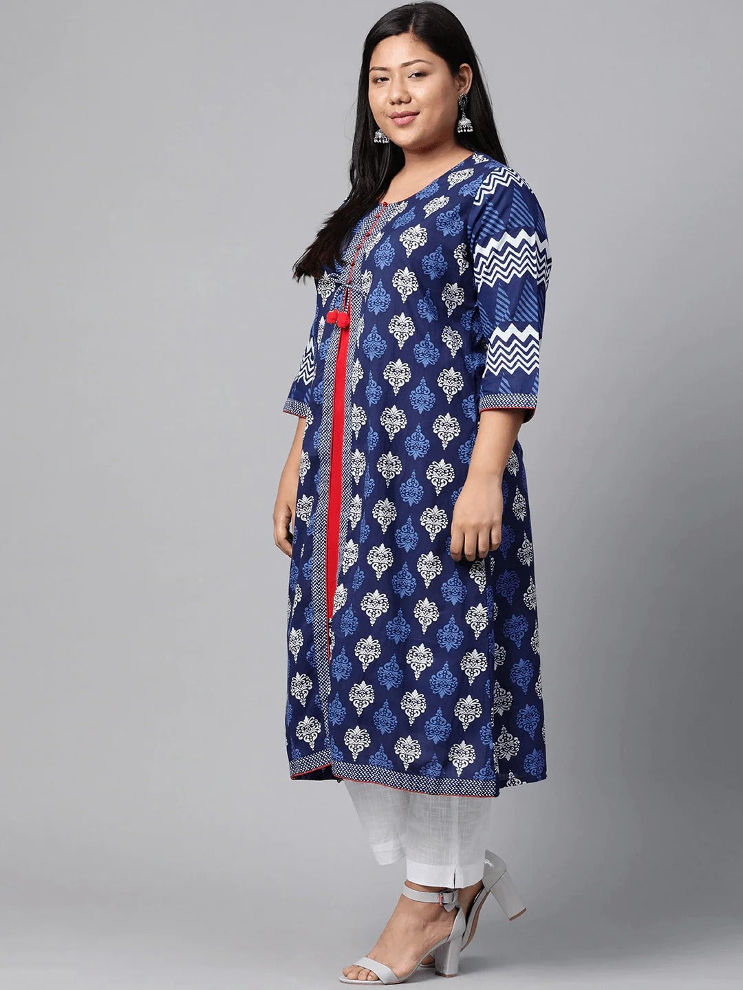 Blue Floral Print Cotton A-Line Kurti