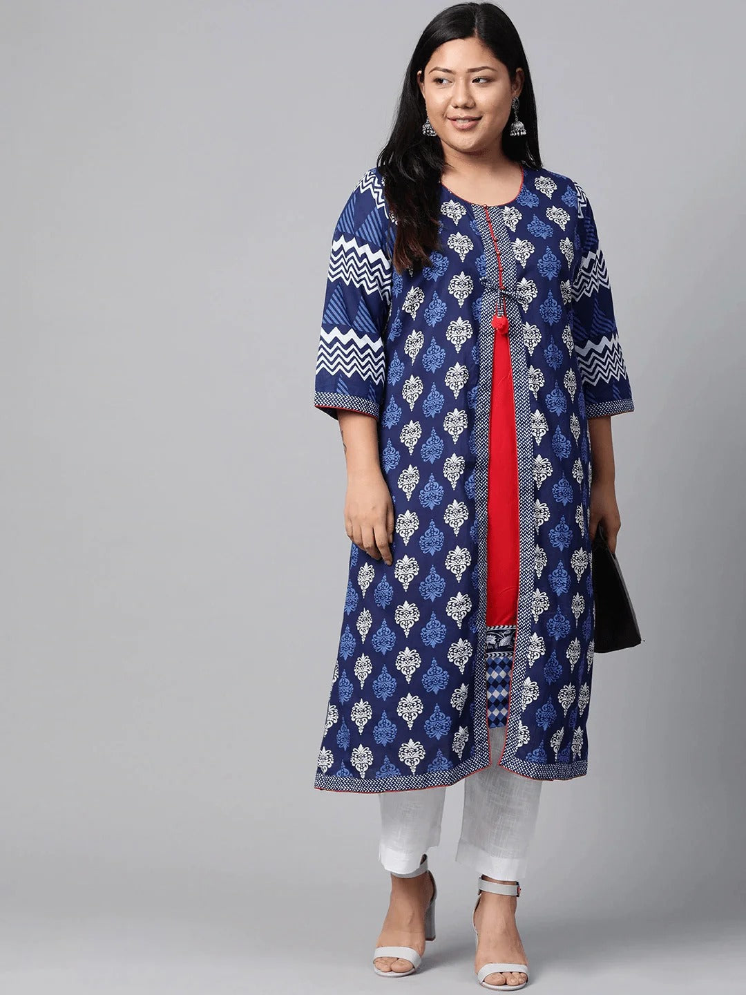 Blue Floral Print Cotton A-Line Kurti