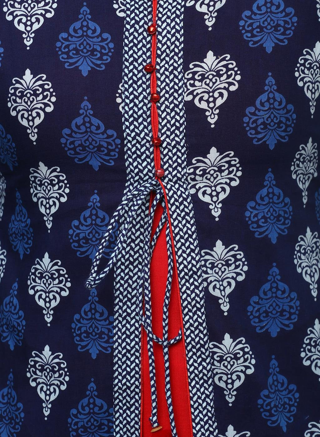 Blue Floral Print Cotton A-Line Kurti