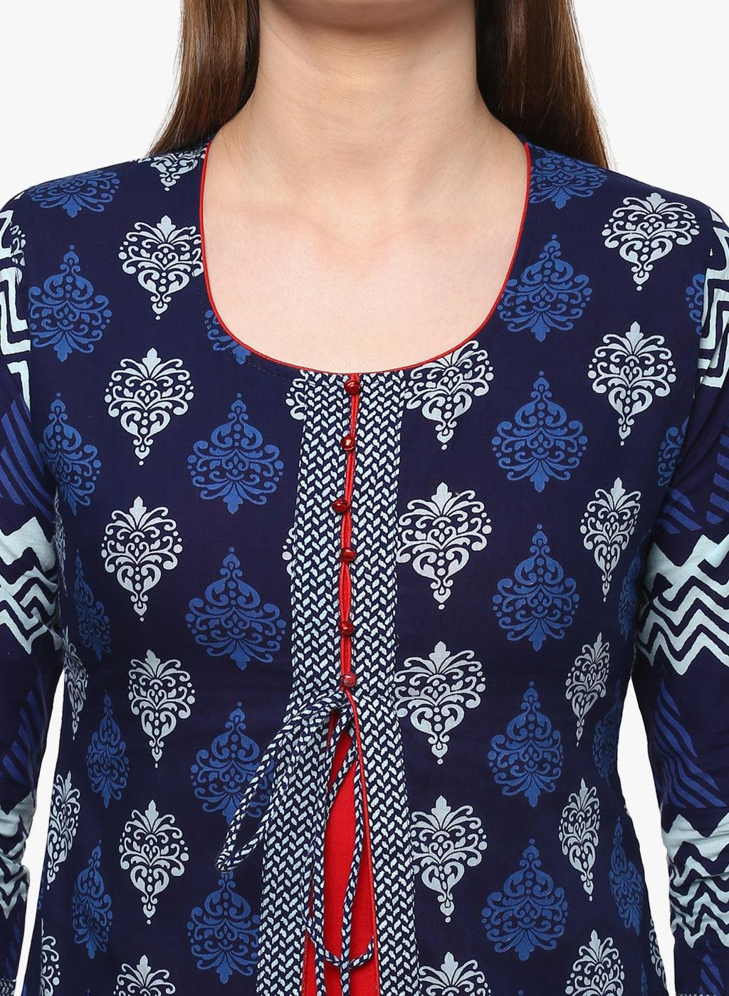 Blue Floral Print Cotton A-Line Kurti