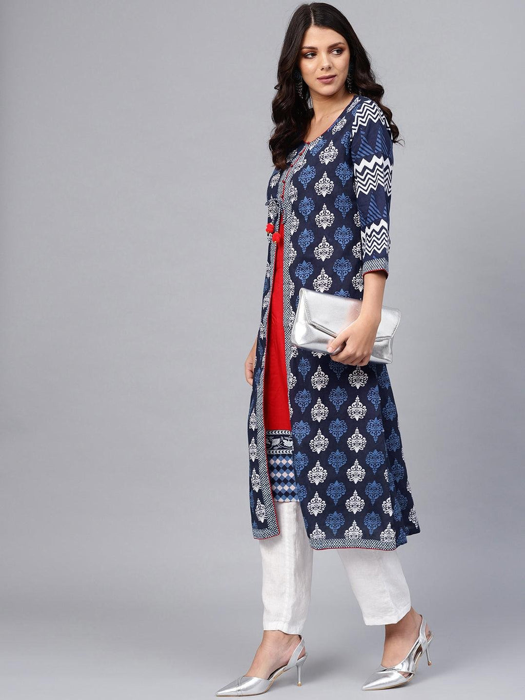 Blue Floral Print Cotton A-Line Kurti