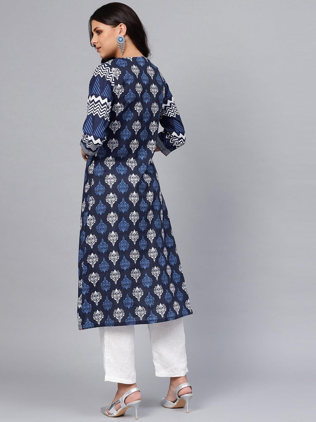 Blue Floral Print Cotton A-Line Kurti