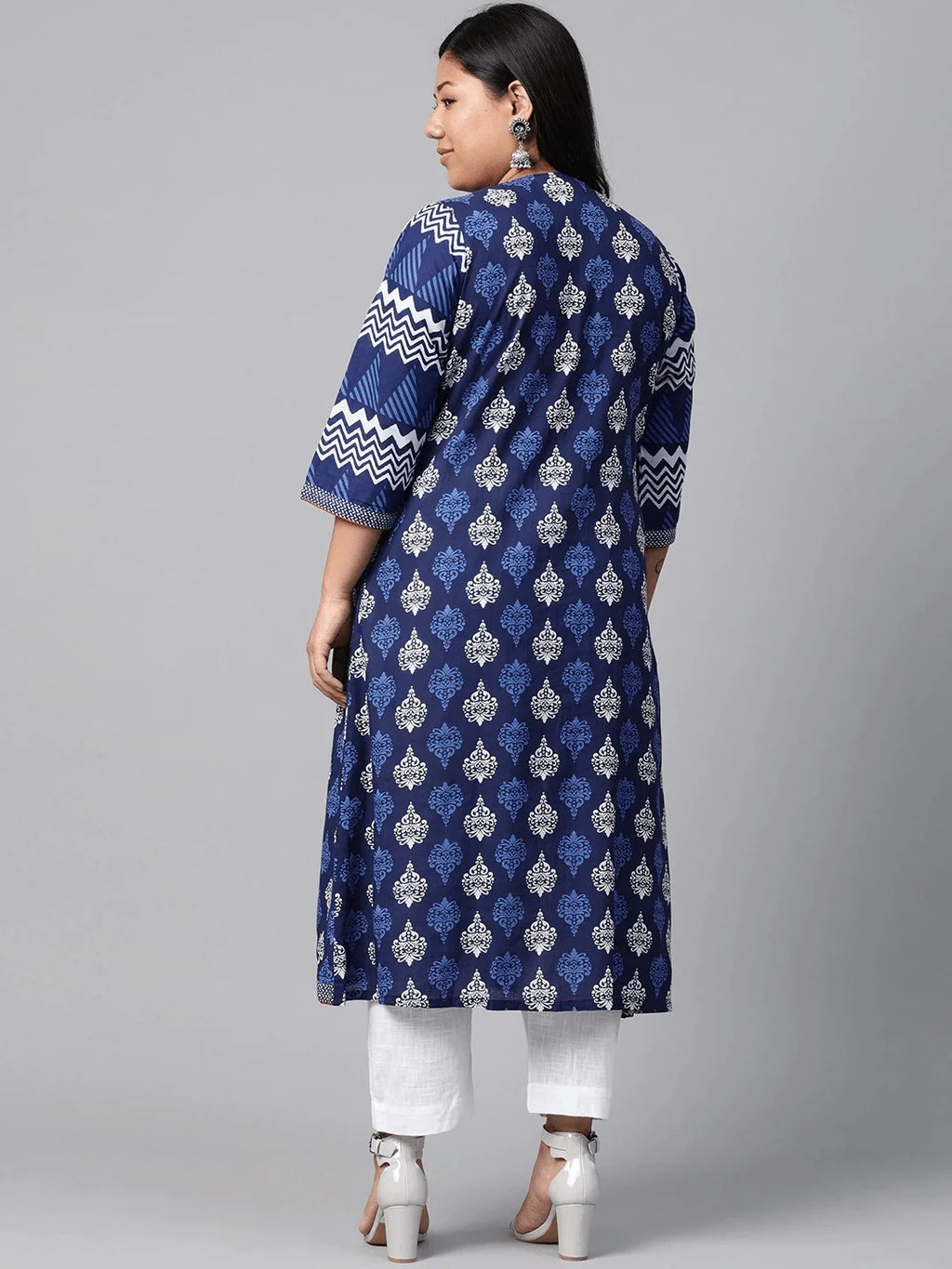 Blue Floral Print Cotton A-Line Kurti