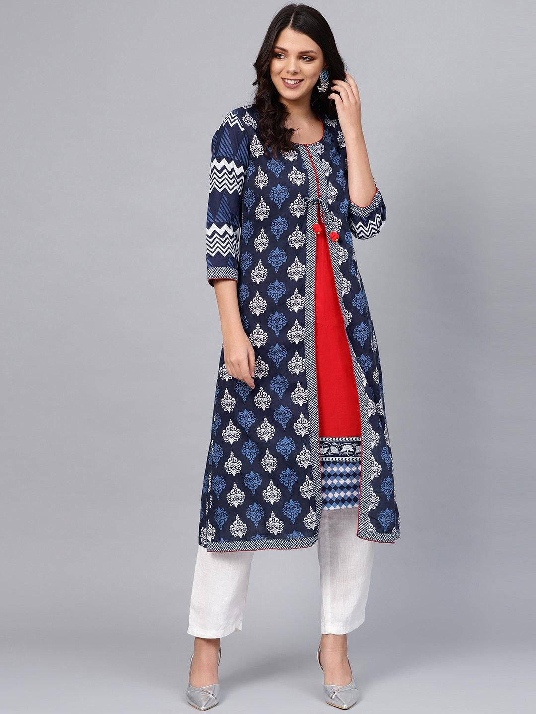 Blue Floral Print Cotton A-Line Kurti