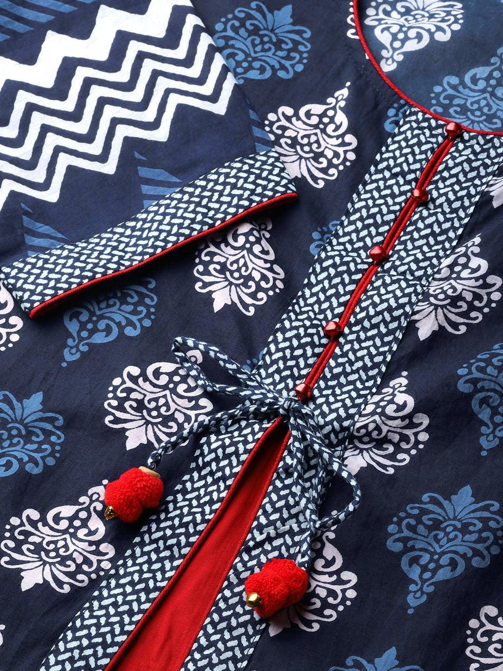 Blue Floral Print Cotton A-Line Kurti