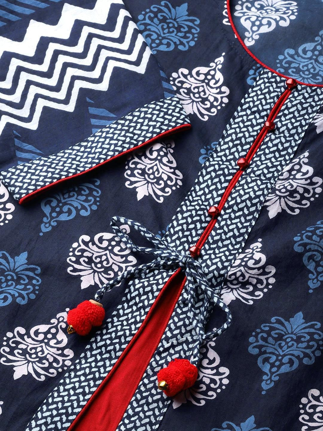 Blue Floral Print Cotton A-Line Kurti