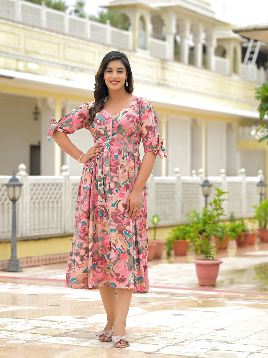 Pink Floral Flare Midi Dress
