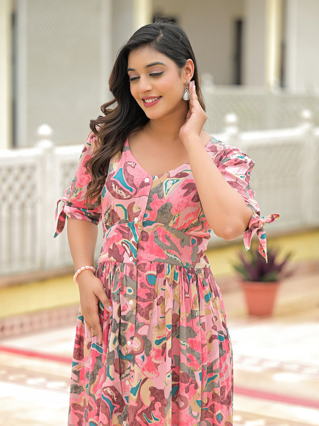 Pink Floral Flare Midi Dress