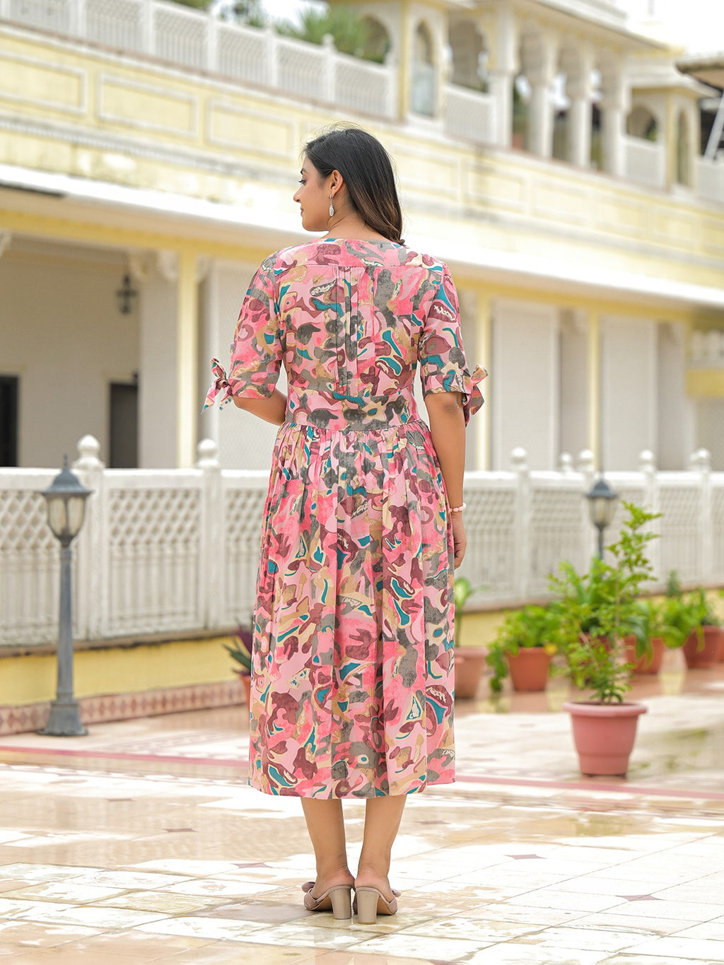 Pink Floral Flare Midi Dress