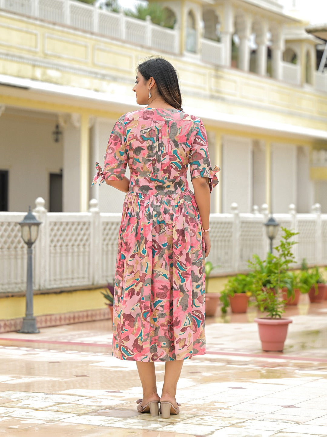 Pink Floral Flare Midi Dress