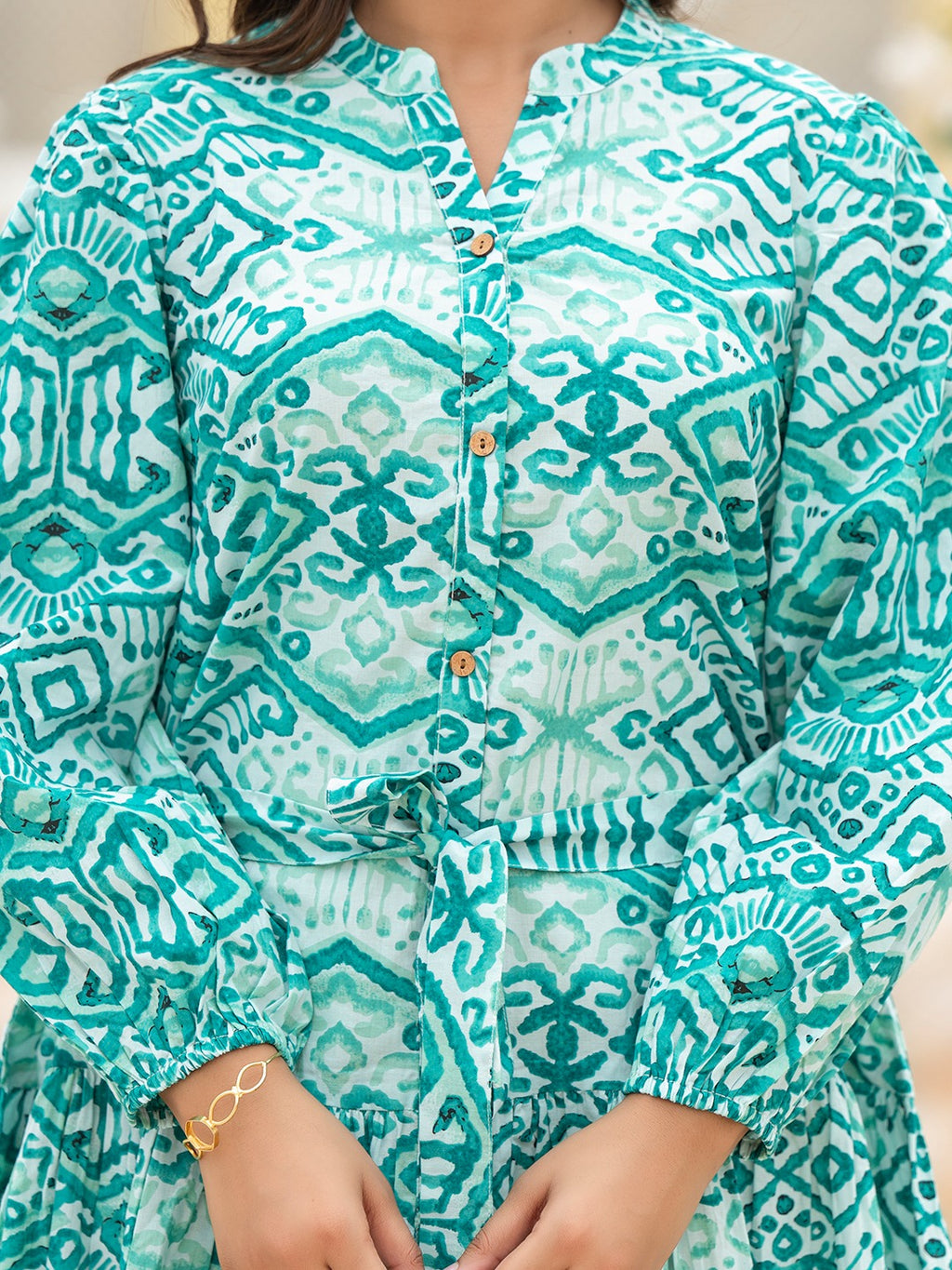 Sea Green Ethnic Motif Belted Midi Dress