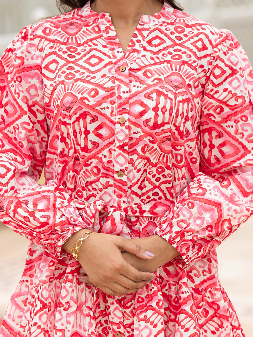Pink Ethnic Motif Belted Midi Dress