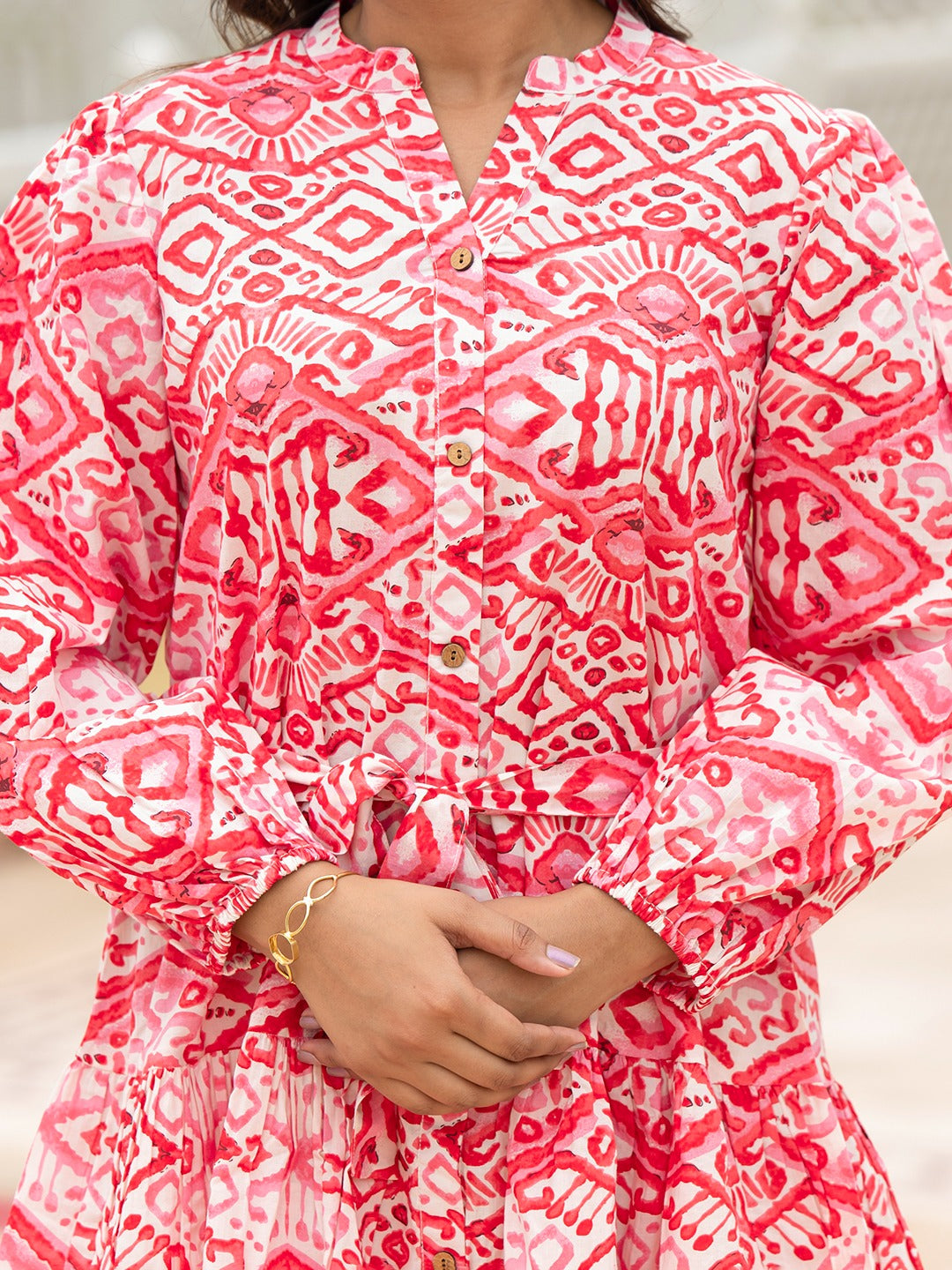 Pink Ethnic Motif Belted Midi Dress