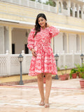 Pink Ethnic Motif Belted Midi Dress