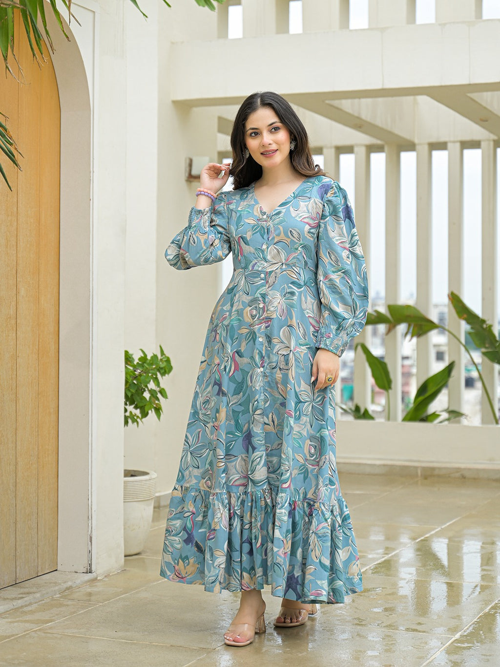 Sky Blue Floral Print Maxi Flare Dress