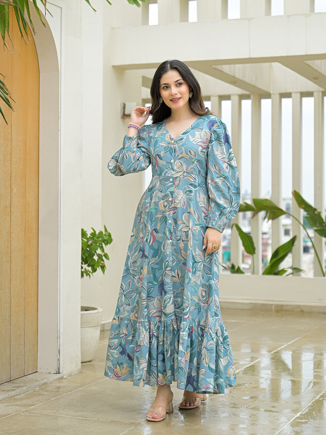 Sky Blue Floral Print Maxi Flare Dress