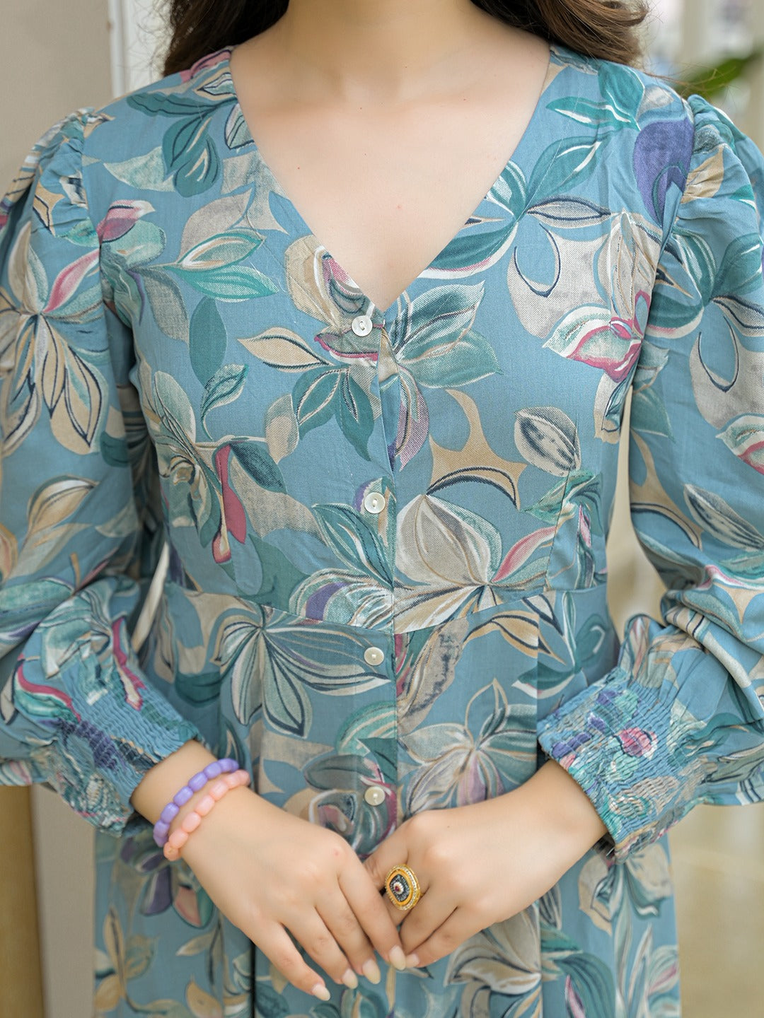 Sky Blue Floral Print Maxi Flare Dress