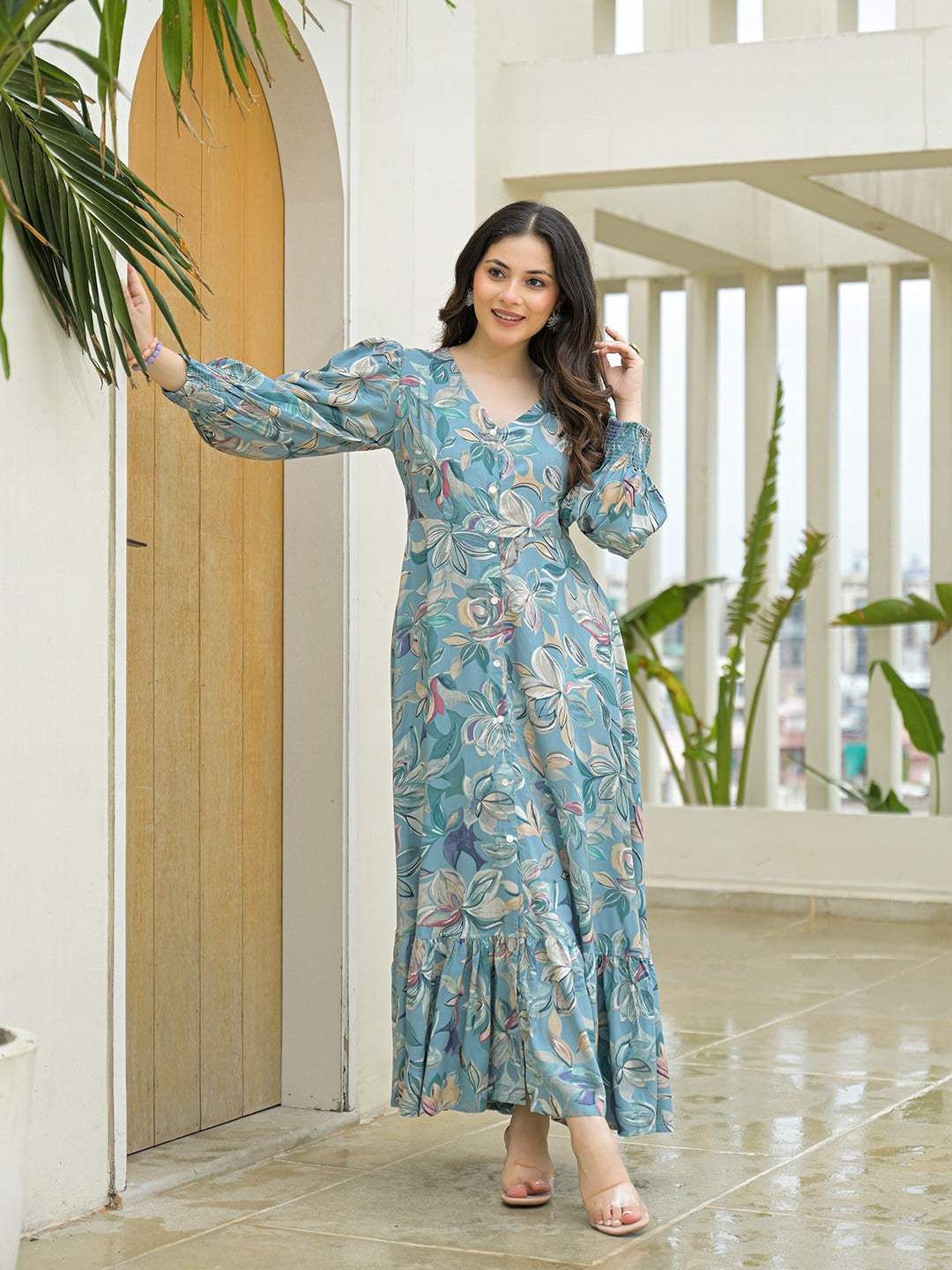 Sky Blue Floral Print Maxi Flare Dress