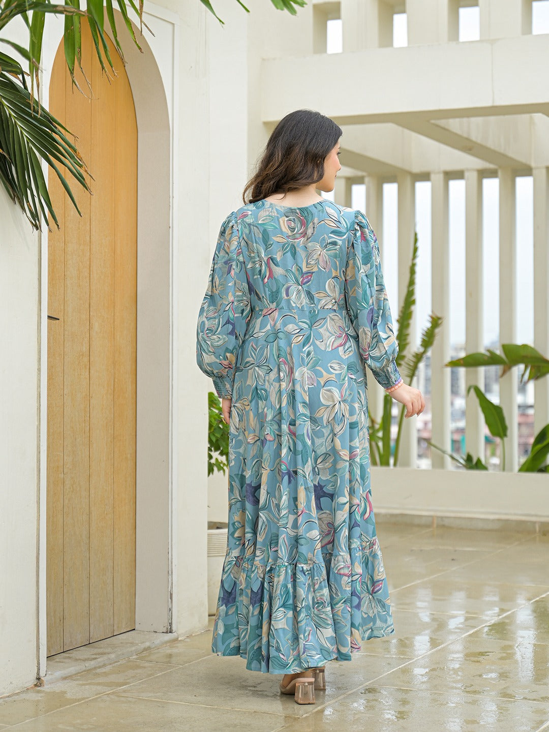 Sky Blue Floral Print Maxi Flare Dress